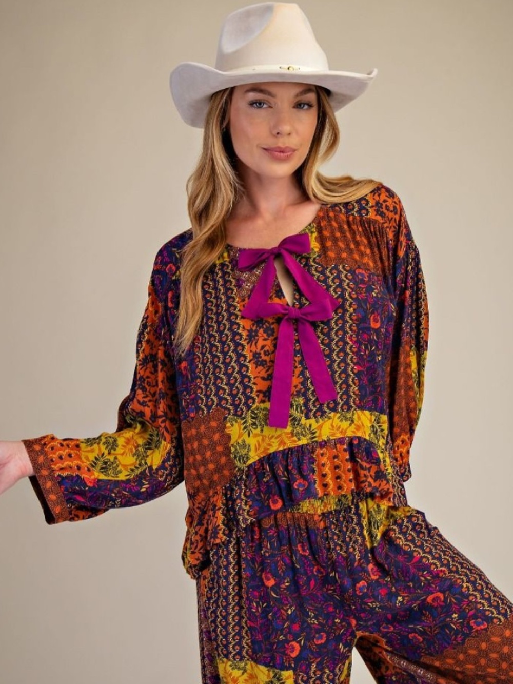 "The Alyssa" TOP Golden Patchwork Gauze Bow Front Top